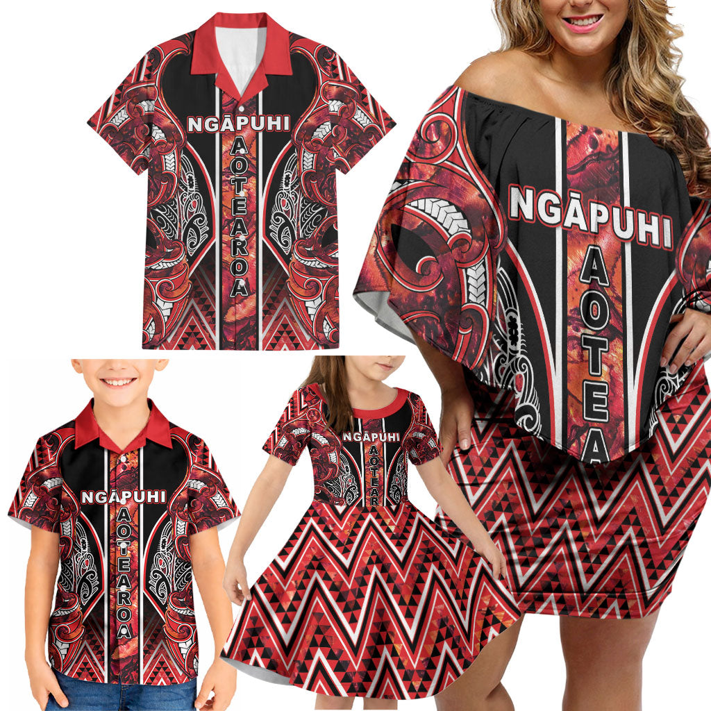 Aotearoa Ngapuhi Family Matching Off Shoulder Short Dress and Hawaiian Shirt Maori Red Tribal Paua Shell Pattern