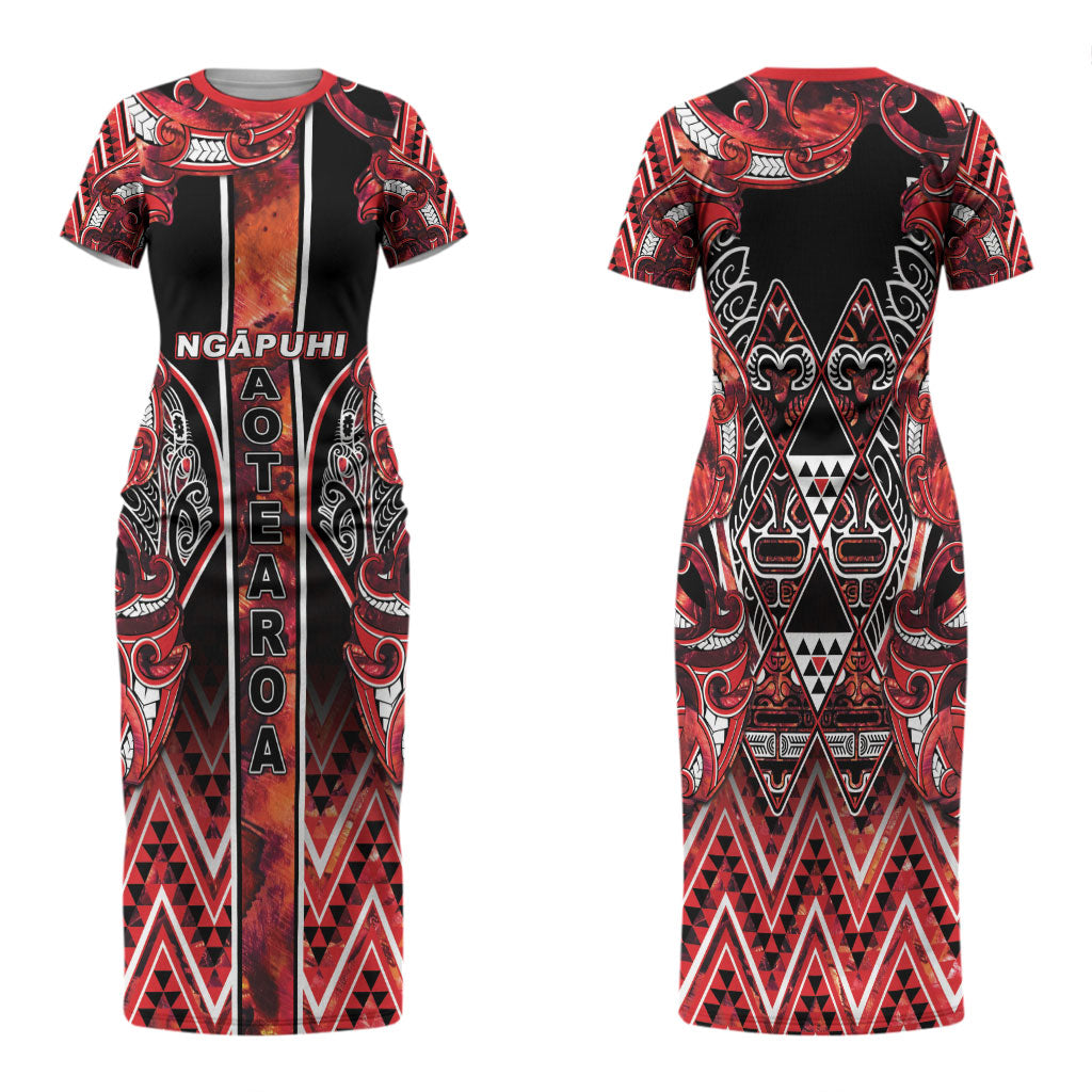 Aotearoa Ngapuhi Family Matching Short Sleeve Bodycon Dress and Hawaiian Shirt Maori Red Tribal Paua Shell Pattern