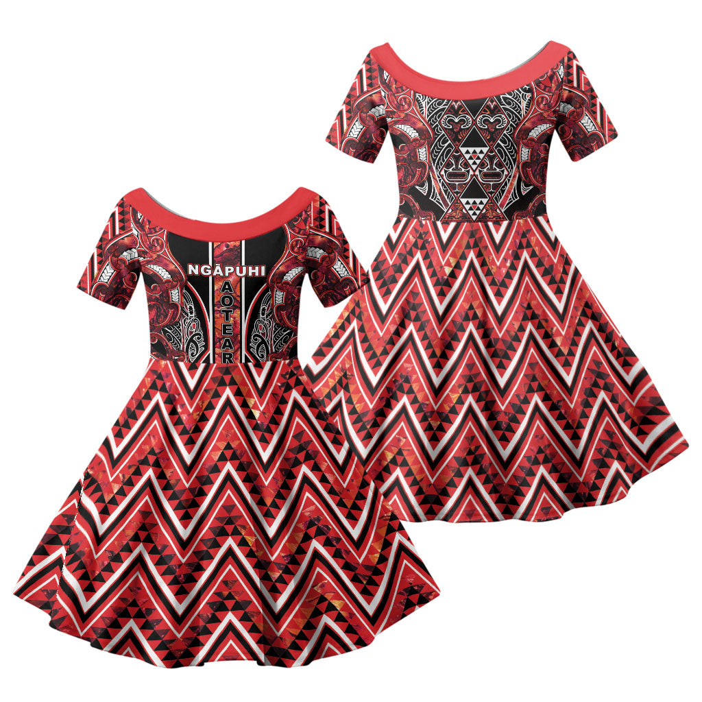 Aotearoa Ngapuhi Family Matching Short Sleeve Bodycon Dress and Hawaiian Shirt Maori Red Tribal Paua Shell Pattern