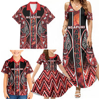 Aotearoa Ngapuhi Family Matching Summer Maxi Dress and Hawaiian Shirt Maori Red Tribal Paua Shell Pattern