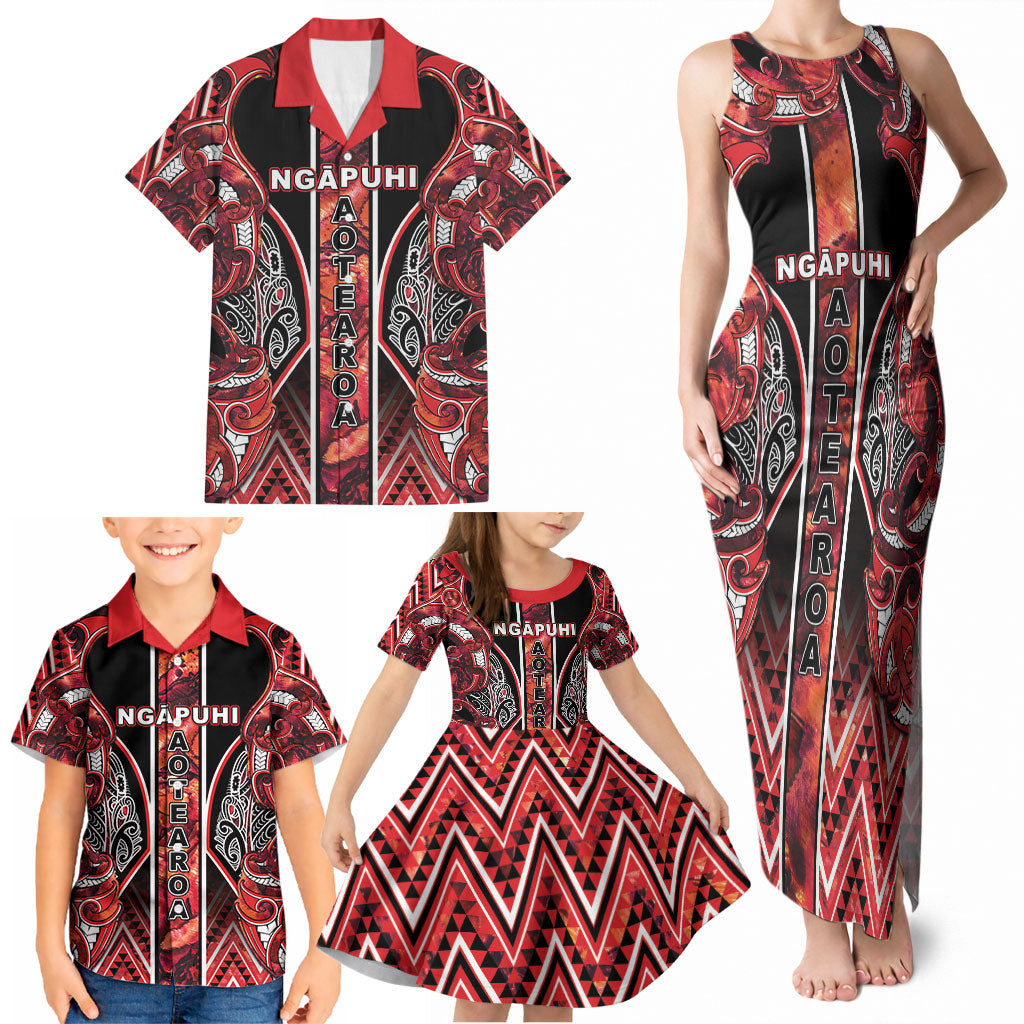 Aotearoa Ngapuhi Family Matching Tank Maxi Dress and Hawaiian Shirt Maori Red Tribal Paua Shell Pattern DT05 - Polynesian Pride