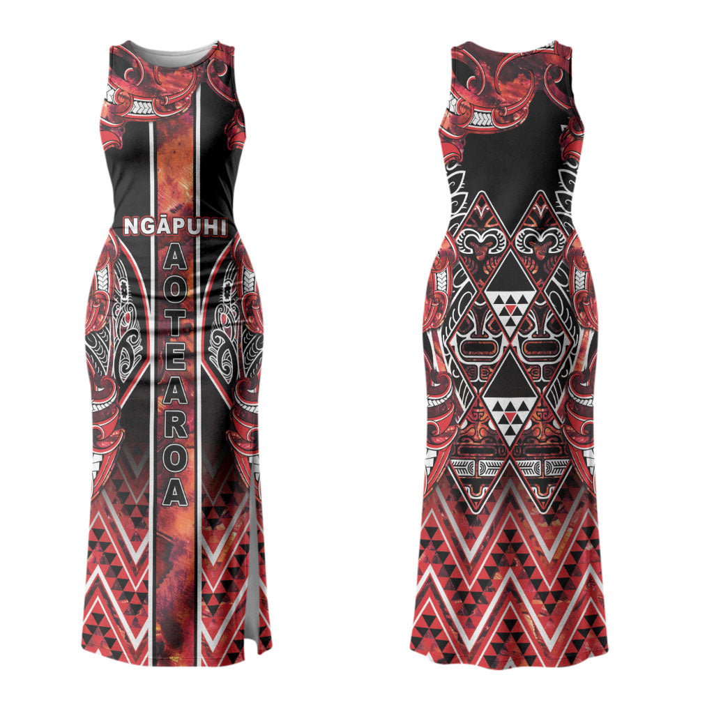 Aotearoa Ngapuhi Family Matching Tank Maxi Dress and Hawaiian Shirt Maori Red Tribal Paua Shell Pattern