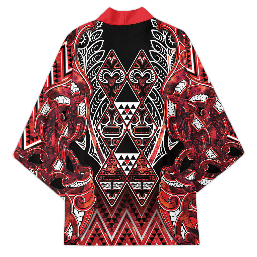 Aotearoa Ngapuhi Kimono Maori Red Tribal Paua Shell Pattern