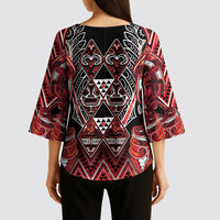 Aotearoa Ngapuhi Kimono Sleeve Blouse Maori Red Tribal Paua Shell Pattern