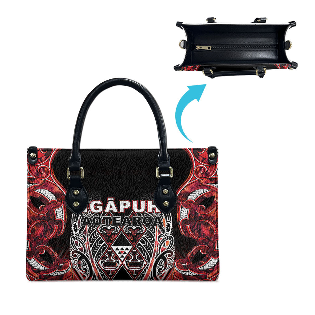 Aotearoa Ngapuhi Leather Bag Maori Red Tribal Paua Shell Pattern