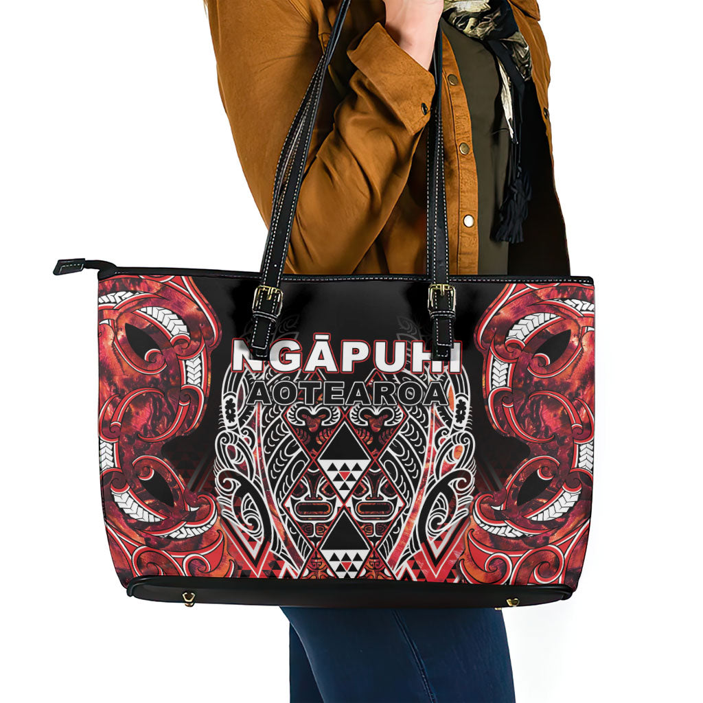 Aotearoa Ngapuhi Leather Tote Bag Maori Red Tribal Paua Shell Pattern