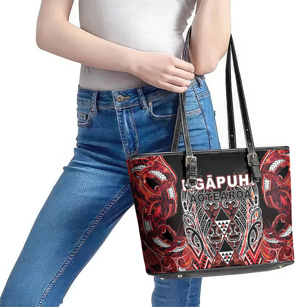 Aotearoa Ngapuhi Leather Tote Bag Maori Red Tribal Paua Shell Pattern