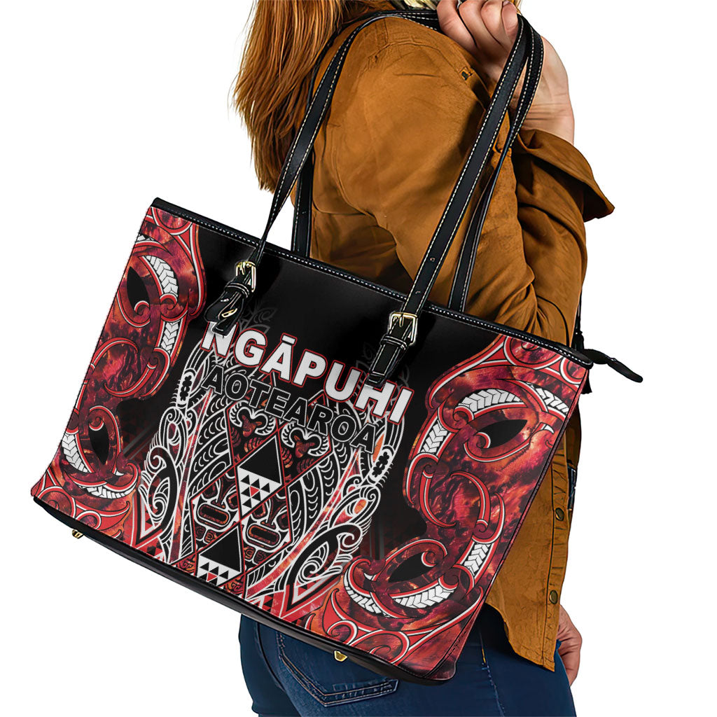 Aotearoa Ngapuhi Leather Tote Bag Maori Red Tribal Paua Shell Pattern