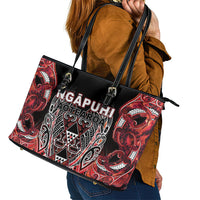 Aotearoa Ngapuhi Leather Tote Bag Maori Red Tribal Paua Shell Pattern