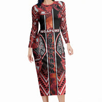 Aotearoa Ngapuhi Long Sleeve Bodycon Dress Maori Red Tribal Paua Shell Pattern