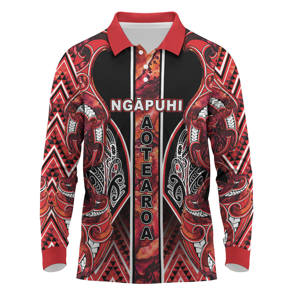 Aotearoa Ngapuhi Long Sleeve Polo Shirt Maori Red Tribal Paua Shell Pattern