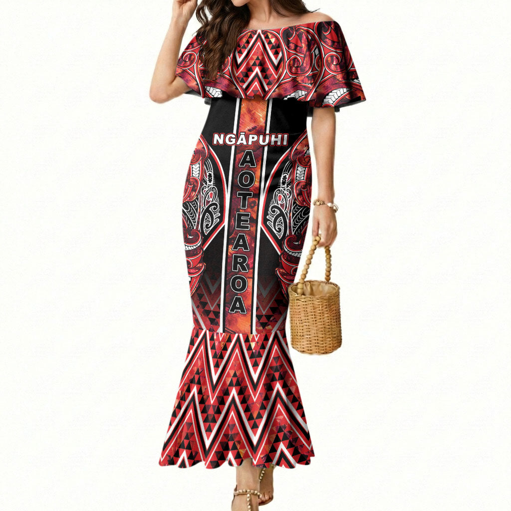 Aotearoa Ngapuhi Mermaid Dress Maori Red Tribal Paua Shell Pattern