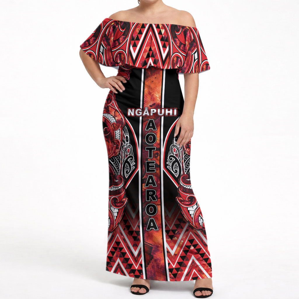 Aotearoa Ngapuhi Off Shoulder Maxi Dress Maori Red Tribal Paua Shell Pattern
