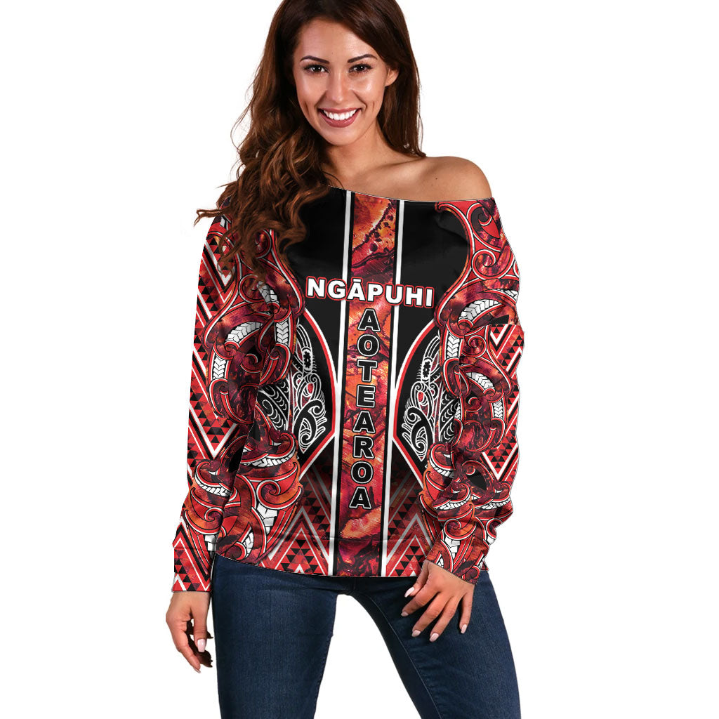 Aotearoa Ngapuhi Off Shoulder Sweater Maori Red Tribal Paua Shell Pattern DT05 Women Red - Polynesian Pride