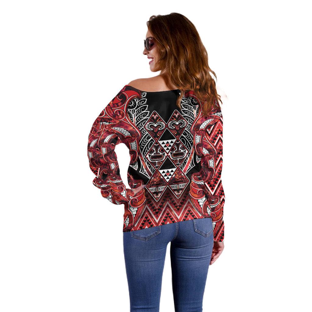 Aotearoa Ngapuhi Off Shoulder Sweater Maori Red Tribal Paua Shell Pattern