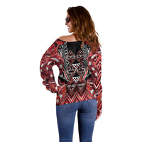 Aotearoa Ngapuhi Off Shoulder Sweater Maori Red Tribal Paua Shell Pattern