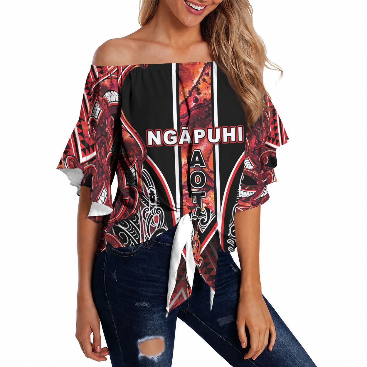 Aotearoa Ngapuhi Off Shoulder Wrap Waist Top Maori Red Tribal Paua Shell Pattern DT05 Red - Polynesian Pride