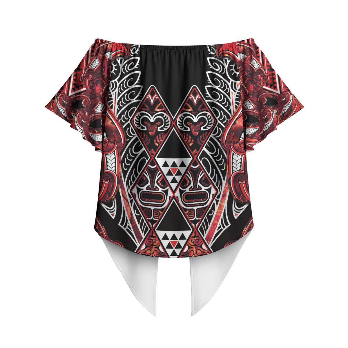Aotearoa Ngapuhi Off Shoulder Wrap Waist Top Maori Red Tribal Paua Shell Pattern