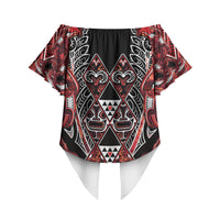Aotearoa Ngapuhi Off Shoulder Wrap Waist Top Maori Red Tribal Paua Shell Pattern