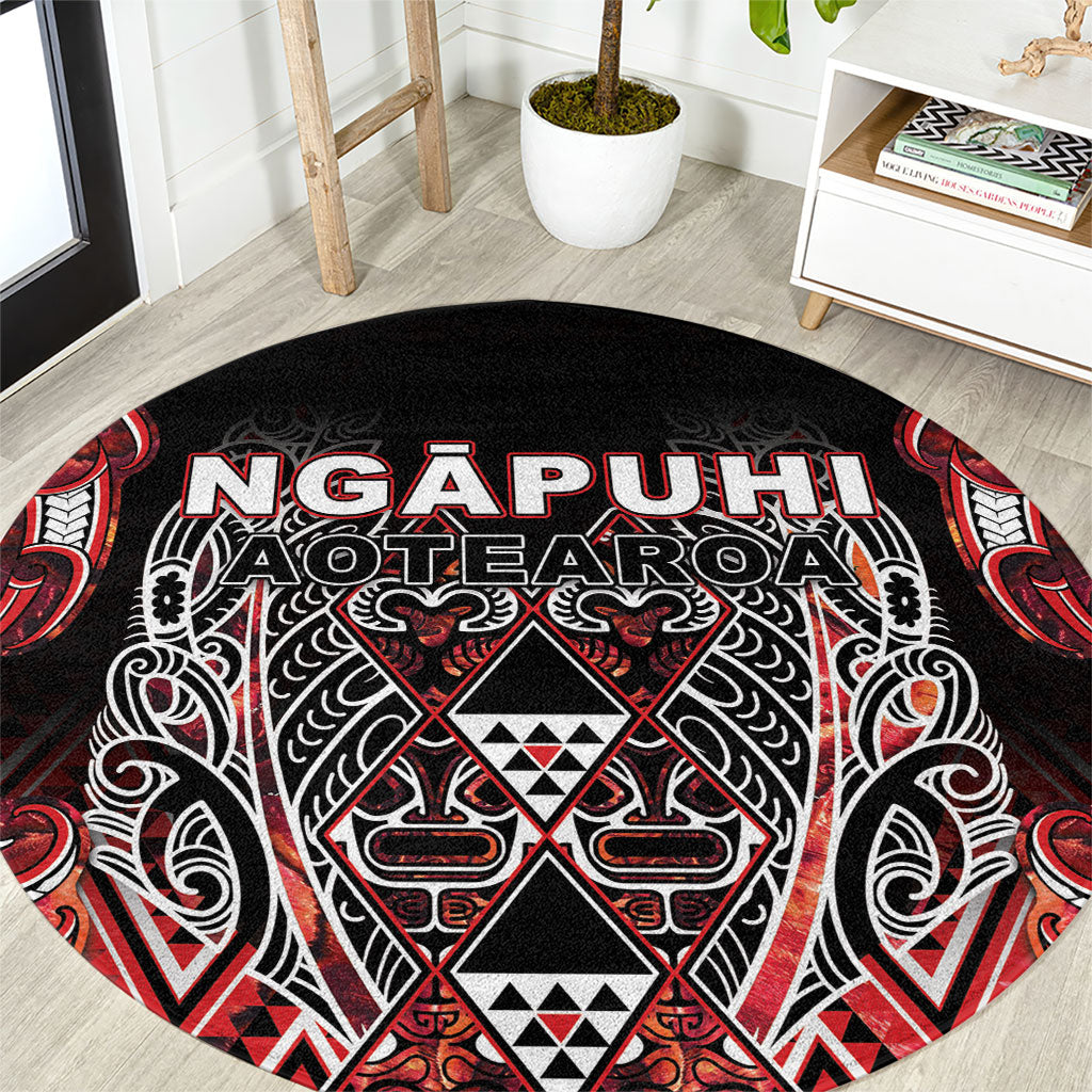 Aotearoa Ngapuhi Round Carpet Maori Red Tribal Paua Shell Pattern DT05 Red - Polynesian Pride