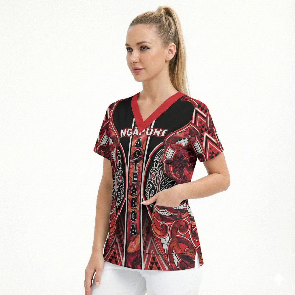 Aotearoa Ngapuhi Scrub Top Maori Red Tribal Paua Shell Pattern