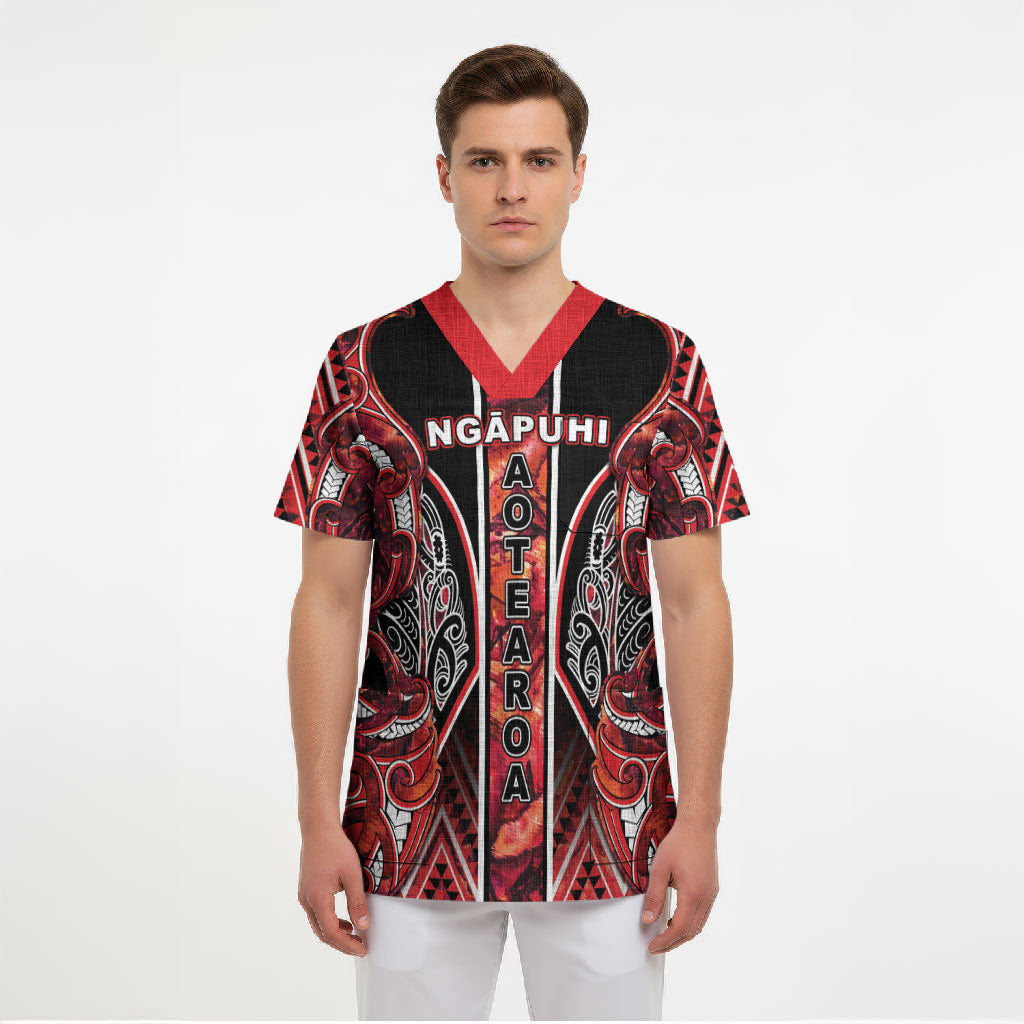 Aotearoa Ngapuhi Scrub Top Maori Red Tribal Paua Shell Pattern