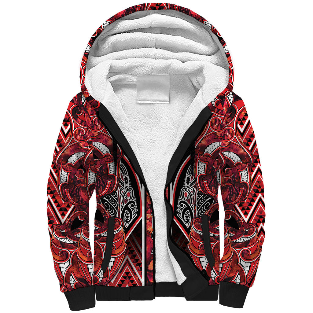 Aotearoa Ngapuhi Sherpa Hoodie Maori Red Tribal Paua Shell Pattern