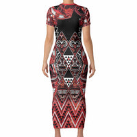 Aotearoa Ngapuhi Short Sleeve Bodycon Dress Maori Red Tribal Paua Shell Pattern