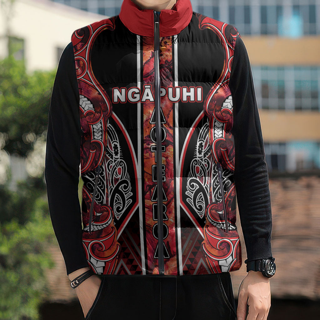 Aotearoa Ngapuhi Sleeveless Puffer Jacket Maori Red Tribal Paua Shell Pattern