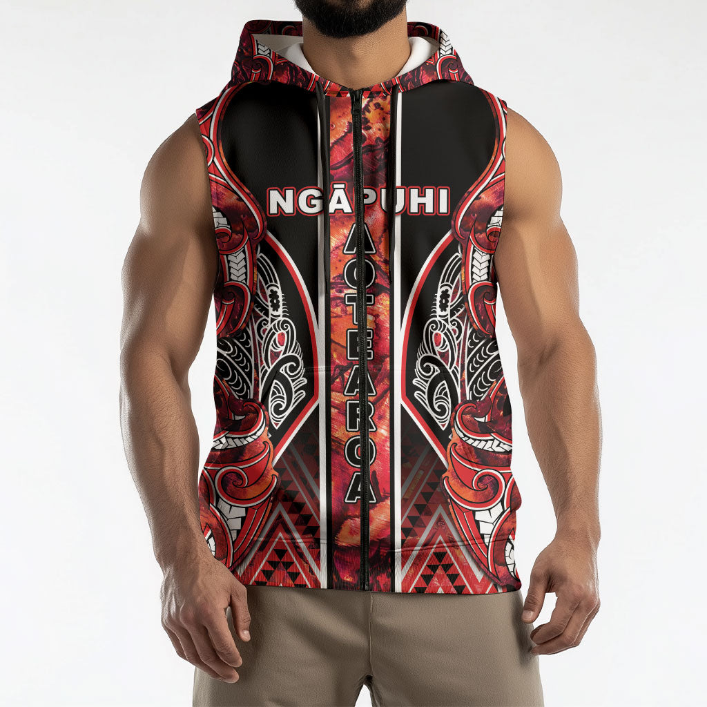 Aotearoa Ngapuhi Sleeveless Zip Hoodie Maori Red Tribal Paua Shell Pattern