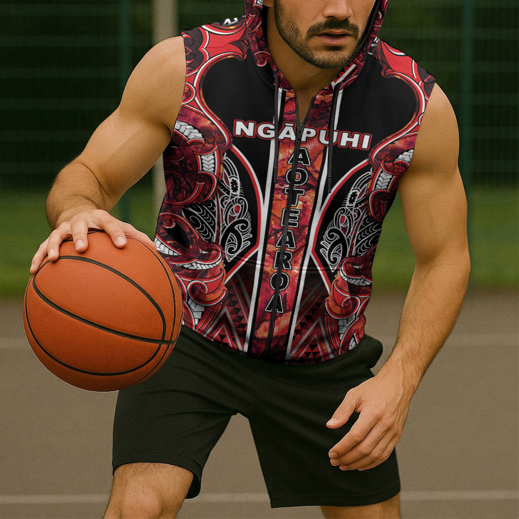 Aotearoa Ngapuhi Sleeveless Zip Hoodie Maori Red Tribal Paua Shell Pattern
