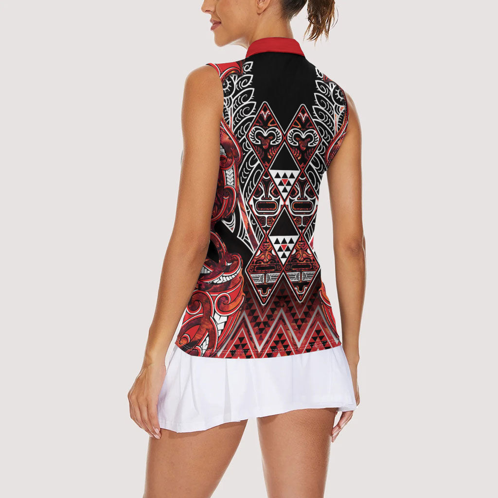 Aotearoa Ngapuhi Women Sleeveless Polo Shirt Maori Red Tribal Paua Shell Pattern