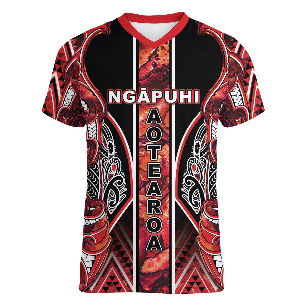 Aotearoa Ngapuhi Women V-Neck T-Shirt Maori Red Tribal Paua Shell Pattern
