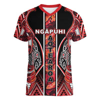 Aotearoa Ngapuhi Women V-Neck T-Shirt Maori Red Tribal Paua Shell Pattern