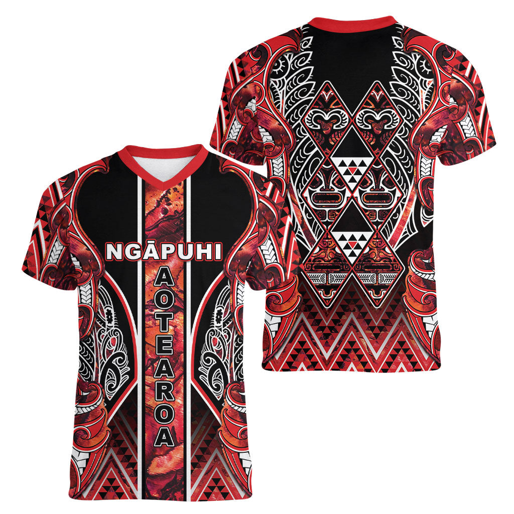 Aotearoa Ngapuhi Women V-Neck T-Shirt Maori Red Tribal Paua Shell Pattern