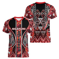 Aotearoa Ngapuhi Women V-Neck T-Shirt Maori Red Tribal Paua Shell Pattern