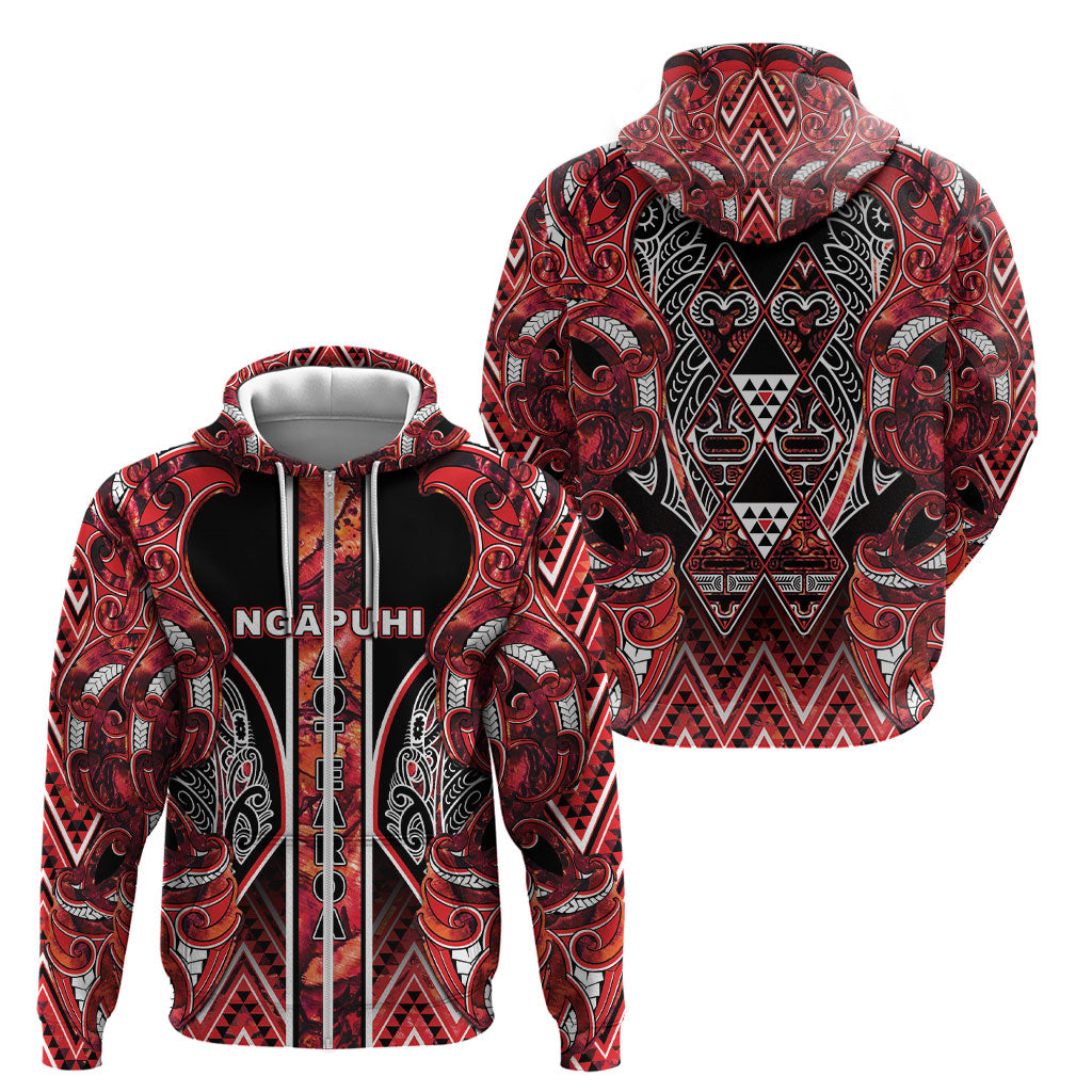 Aotearoa Ngapuhi Zip Hoodie Maori Red Tribal Paua Shell Pattern