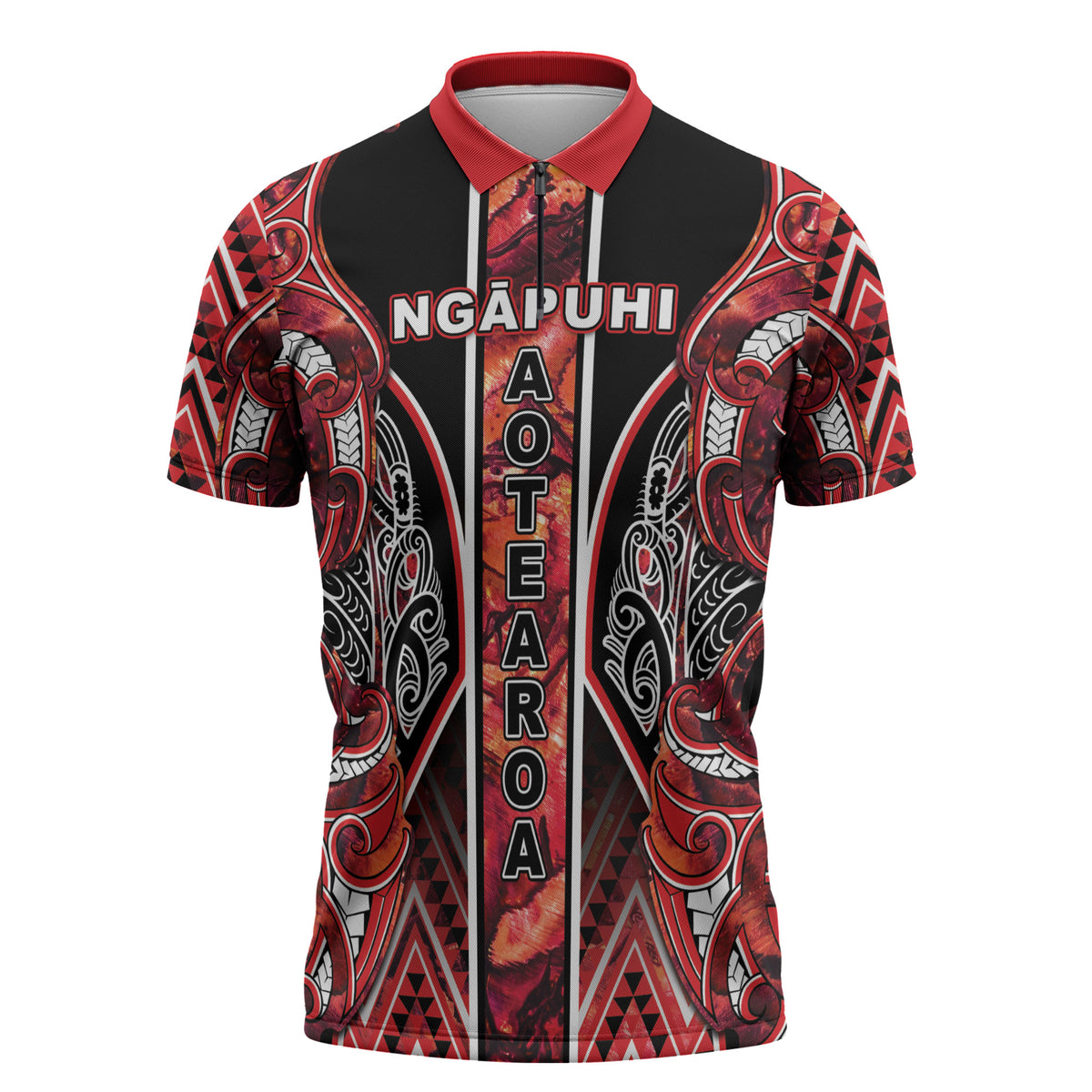 Aotearoa Ngapuhi Zipper Polo Shirt Maori Red Tribal Paua Shell Pattern