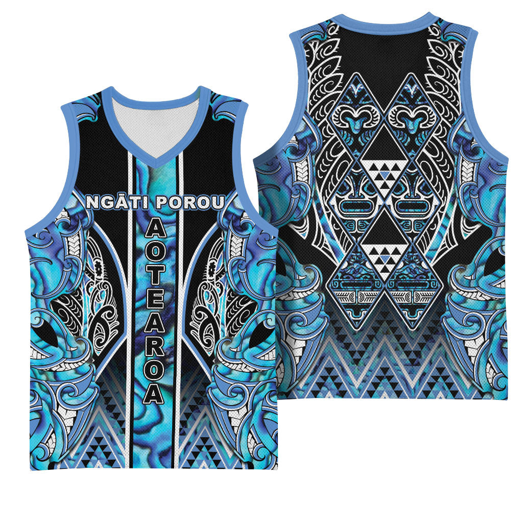 Aotearoa Ngati Porou Basketball Jersey Maori Light Blue Tribal Paua Shell Pattern