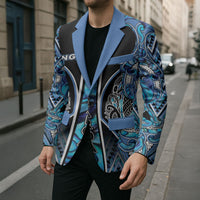 Aotearoa Ngati Porou Blazer Maori Light Blue Tribal Paua Shell Pattern