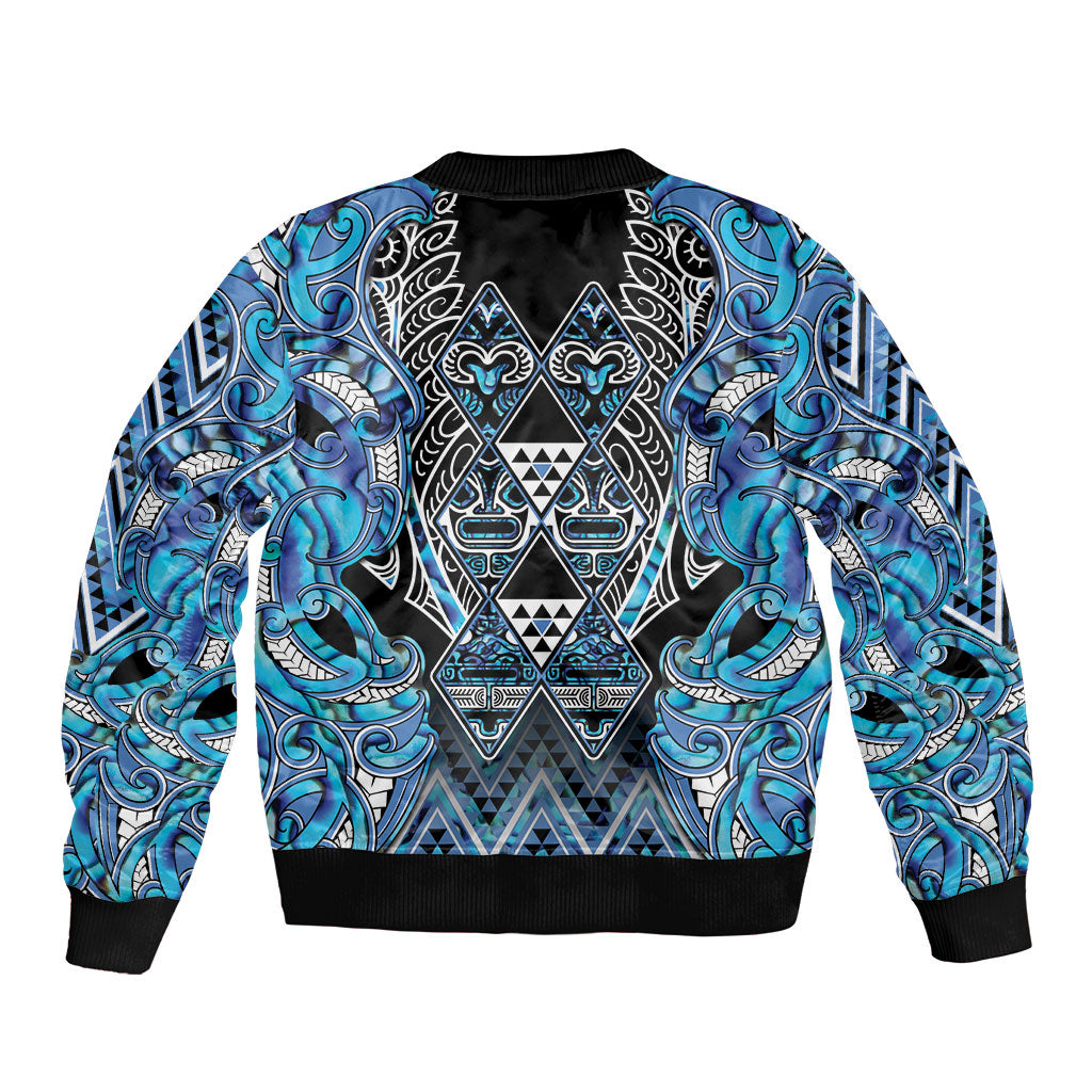 Aotearoa Ngati Porou Bomber Jacket Maori Light Blue Tribal Paua Shell Pattern