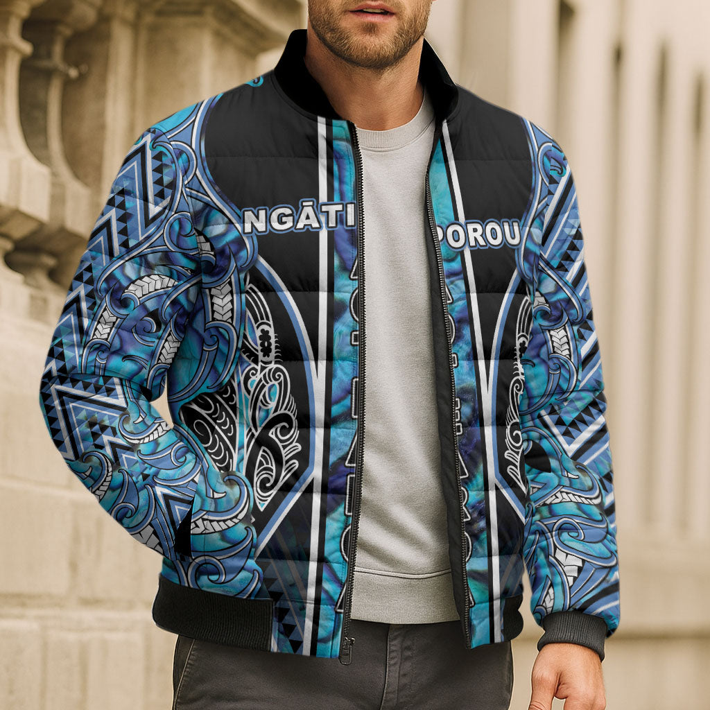 Aotearoa Ngati Porou Bomber Puffer Jacket Maori Light Blue Tribal Paua Shell Pattern