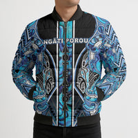 Aotearoa Ngati Porou Bomber Puffer Jacket Maori Light Blue Tribal Paua Shell Pattern