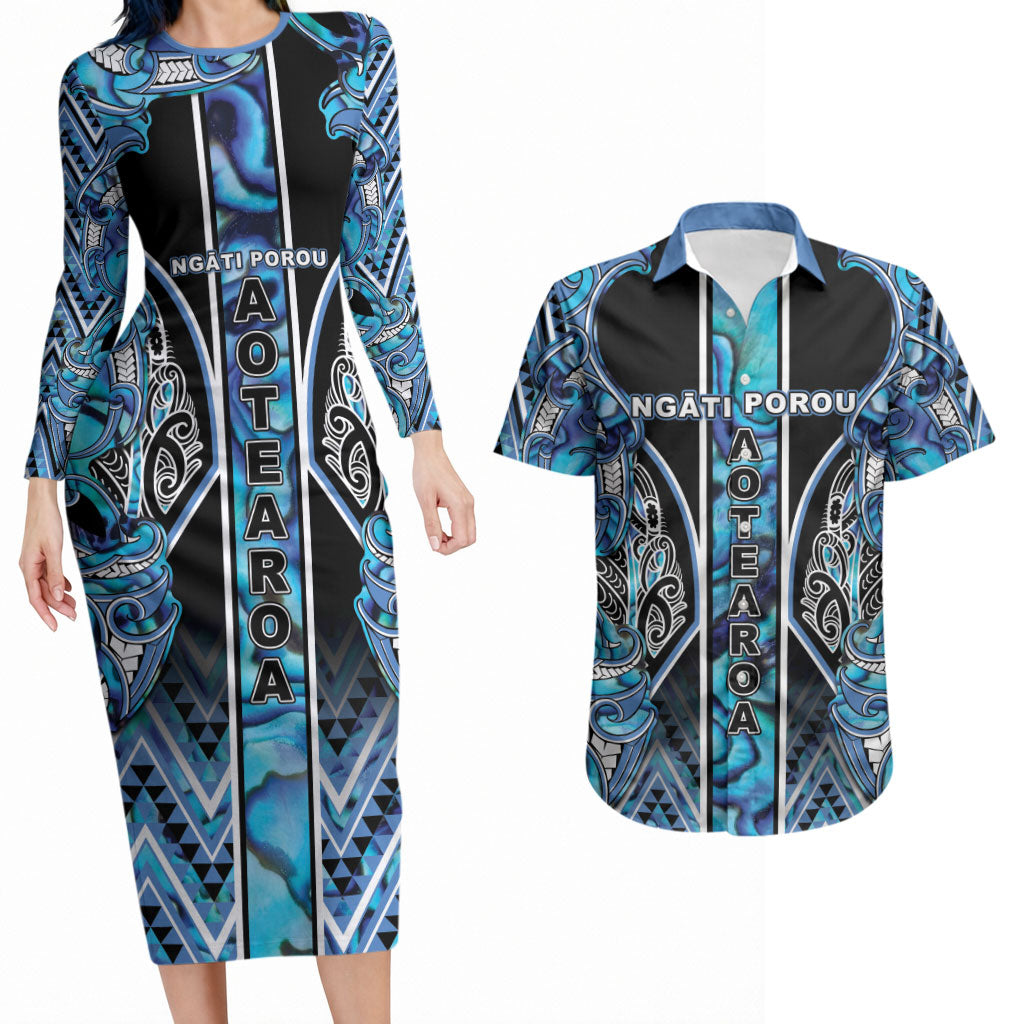 Aotearoa Ngati Porou Couples Matching Long Sleeve Bodycon Dress and Hawaiian Shirt Maori Light Blue Tribal Paua Shell Pattern