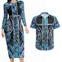 Aotearoa Ngati Porou Couples Matching Long Sleeve Bodycon Dress and Hawaiian Shirt Maori Light Blue Tribal Paua Shell Pattern