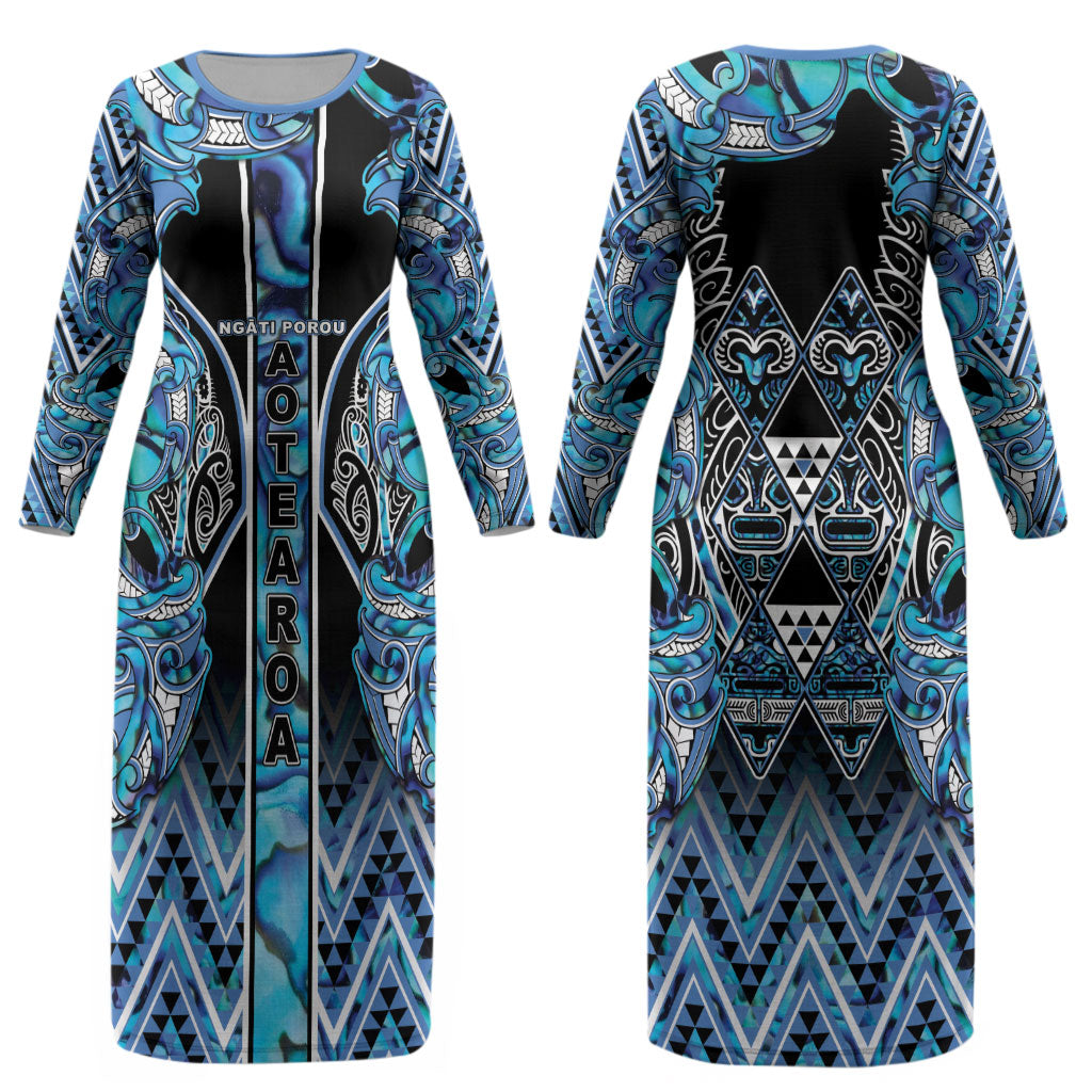Aotearoa Ngati Porou Couples Matching Long Sleeve Bodycon Dress and Hawaiian Shirt Maori Light Blue Tribal Paua Shell Pattern