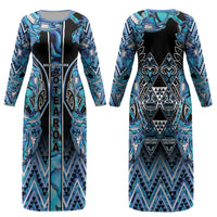 Aotearoa Ngati Porou Couples Matching Long Sleeve Bodycon Dress and Hawaiian Shirt Maori Light Blue Tribal Paua Shell Pattern