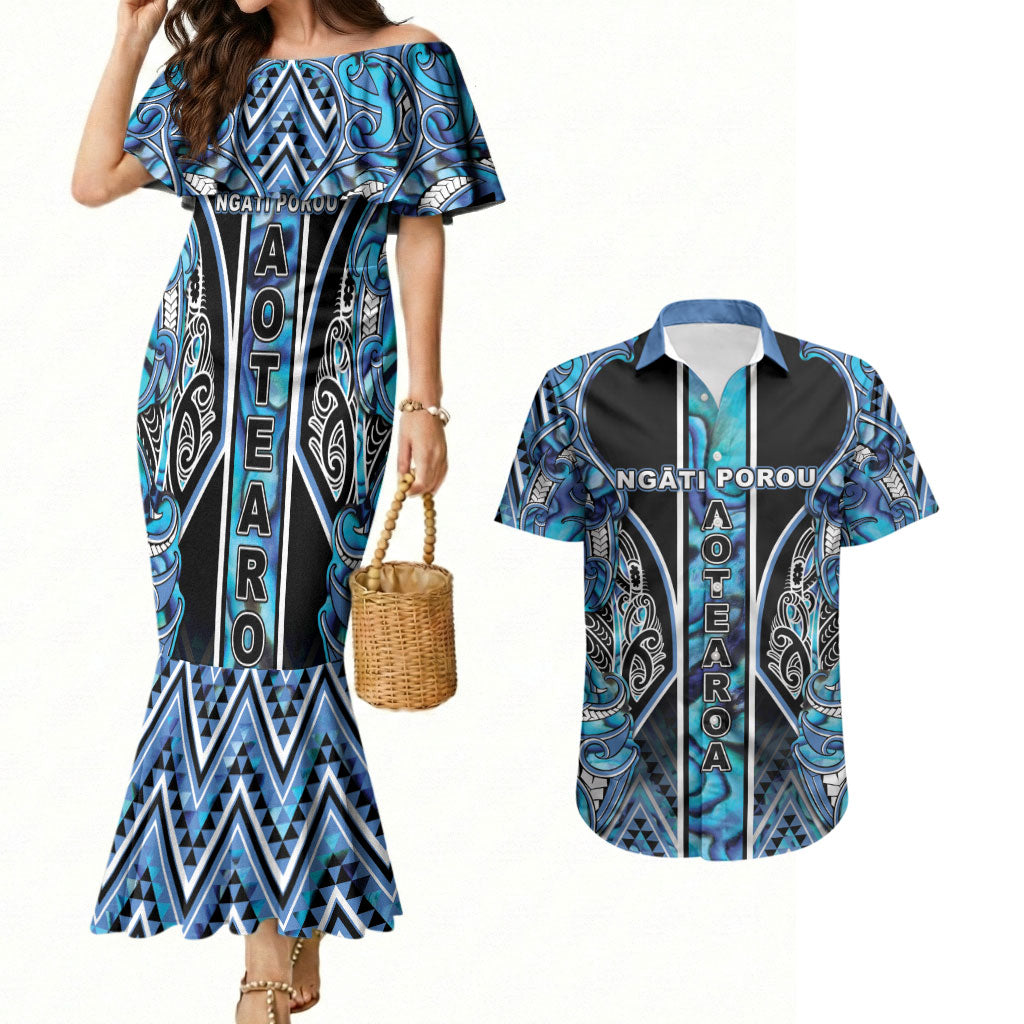 Aotearoa Ngati Porou Couples Matching Mermaid Dress and Hawaiian Shirt Maori Light Blue Tribal Paua Shell Pattern
