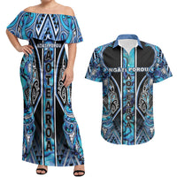 Aotearoa Ngati Porou Couples Matching Off Shoulder Maxi Dress and Hawaiian Shirt Maori Light Blue Tribal Paua Shell Pattern