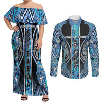 Aotearoa Ngati Porou Couples Matching Off Shoulder Maxi Dress and Long Sleeve Button Shirt Maori Light Blue Tribal Paua Shell Pattern